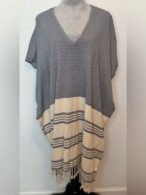 Tribe Alive Cotton Poncho Tunic Blue Cream Striped Fringe Boho Cover Up OS